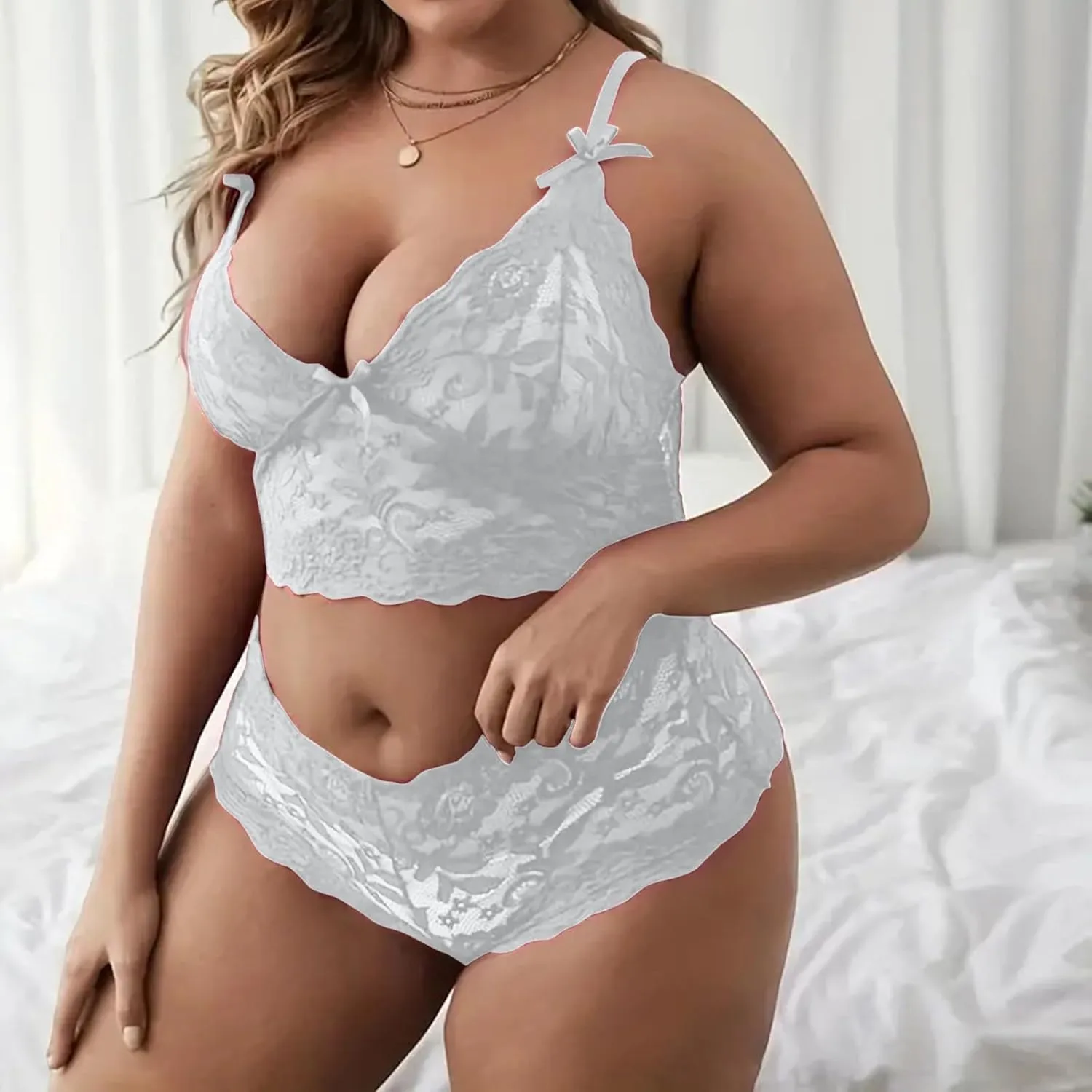 cooki Lingerie Sets for Women Sexy 2 Piece Sheer Floral Lace Bralette and Panty Underwear Plus Size Sleepwear Bra Nightwear