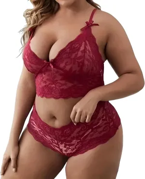 cooki Lingerie Sets for Women Sexy 2 Piece Sheer Floral Lace Bralette and Panty Underwear Plus Size Sleepwear Bra Nightwear