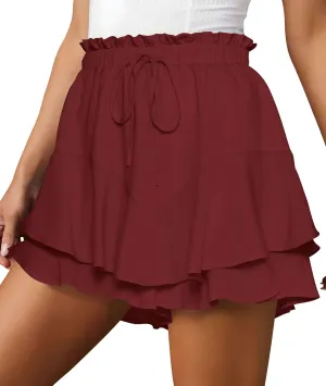 Cosonsen Women Casual Summer Shorts Ruffle Tiered Flowy Skorts Boho High Waist Mini Skirt