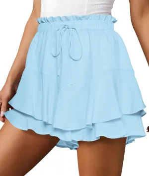 Cosonsen Women Casual Summer Shorts Ruffle Tiered Flowy Skorts Boho High Waist Mini Skirt