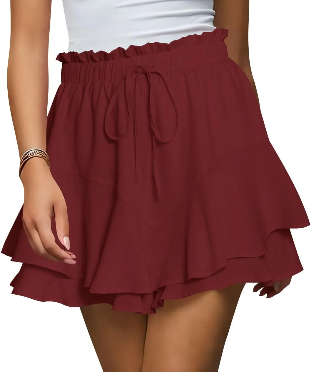 Cosonsen Women Casual Summer Shorts Ruffle Tiered Flowy Skorts Boho High Waist Mini Skirt
