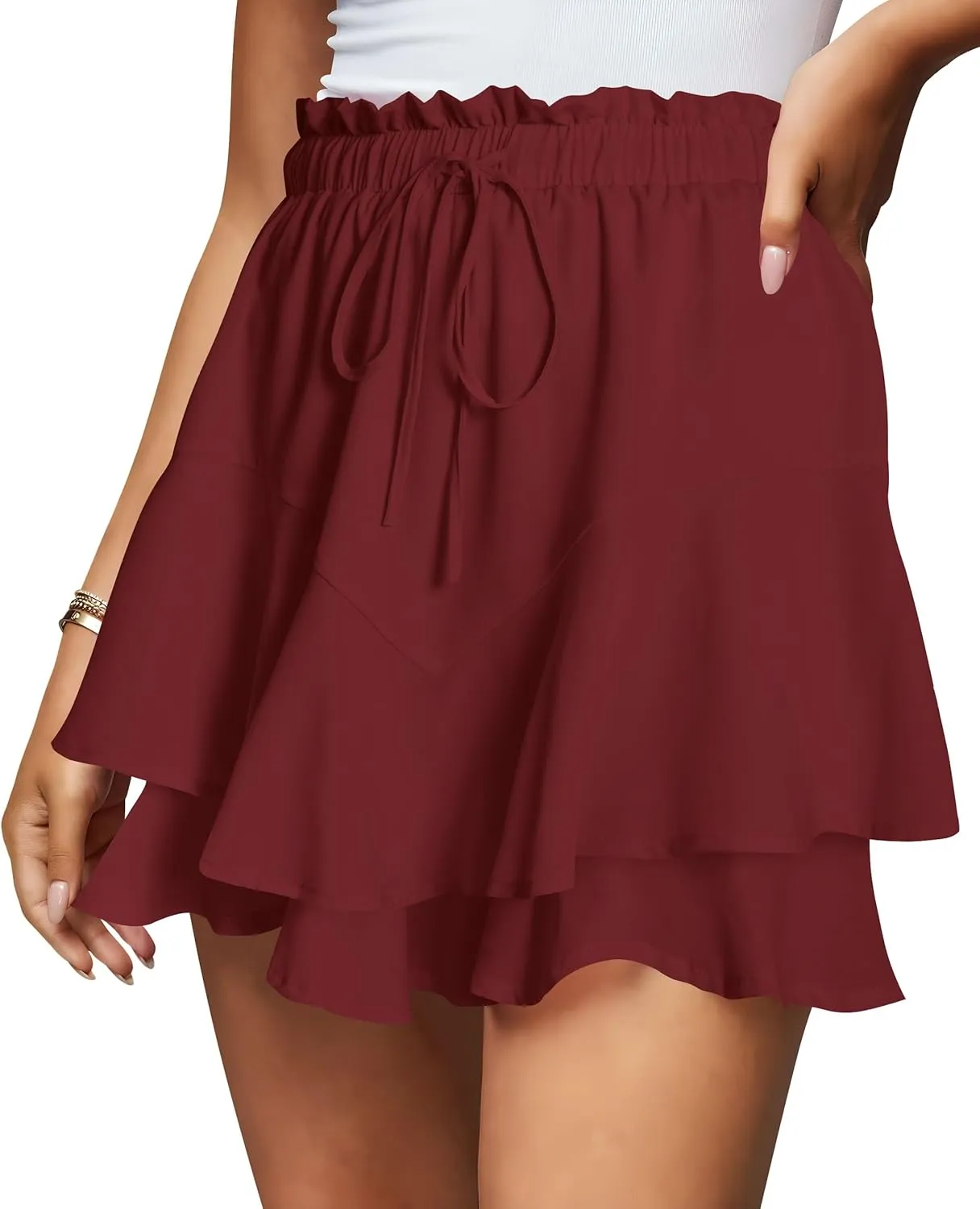 Cosonsen Women Casual Summer Shorts Ruffle Tiered Flowy Skorts Boho High Waist Mini Skirt