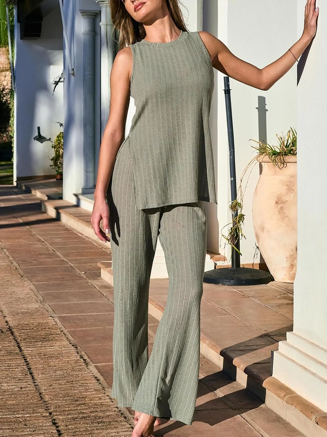 CUPSHE Women's Knitted Loungewear Sleeveless Pajama Sets Casual 2 Piece Tank Outfits with Long Pants