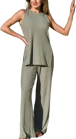 CUPSHE Women's Knitted Loungewear Sleeveless Pajama Sets Casual 2 Piece Tank Outfits with Long Pants