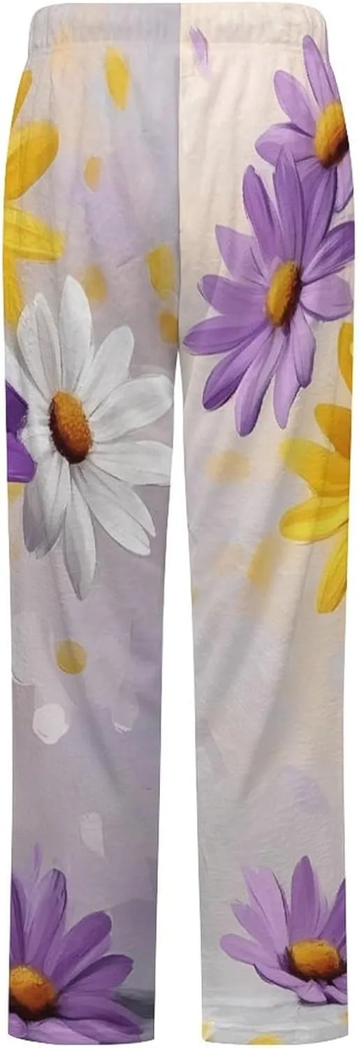 Daisies Flowers Painting Women's Pajama Pants Fleece Warm Pj Bottoms Sleepwear Lounge Pants Loungewear