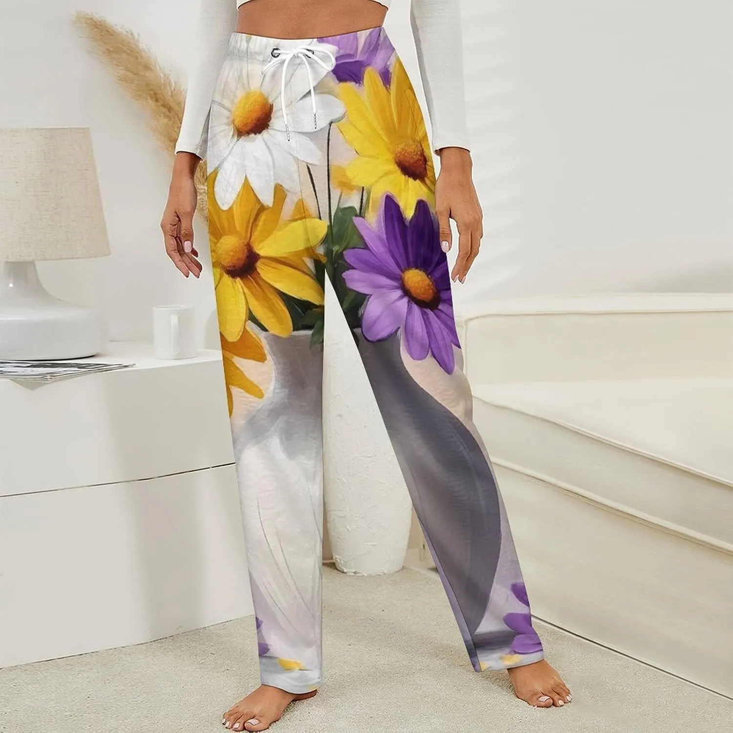 Daisies Flowers Painting Women's Pajama Pants Fleece Warm Pj Bottoms Sleepwear Lounge Pants Loungewear