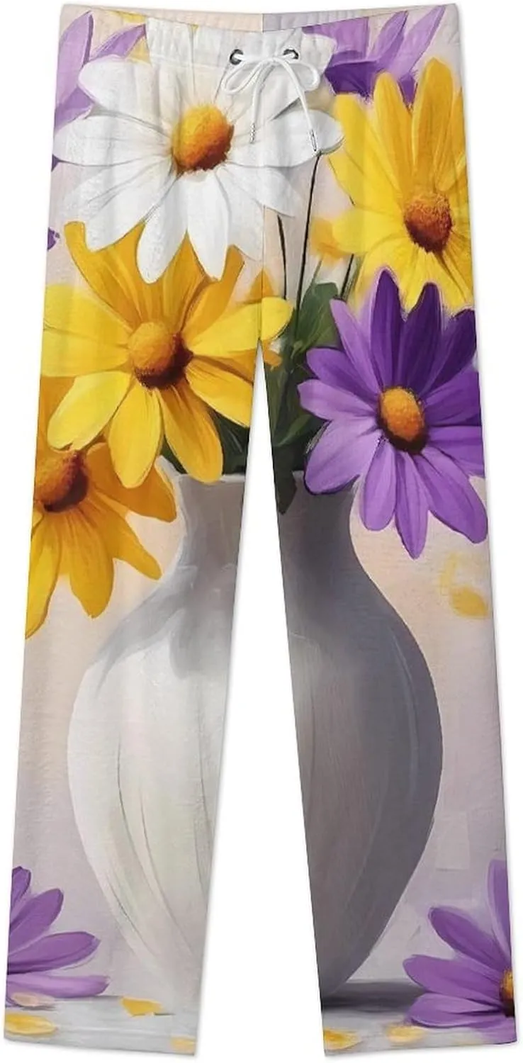 Daisies Flowers Painting Women's Pajama Pants Fleece Warm Pj Bottoms Sleepwear Lounge Pants Loungewear