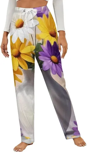 Daisies Flowers Painting Women's Pajama Pants Fleece Warm Pj Bottoms Sleepwear Lounge Pants Loungewear