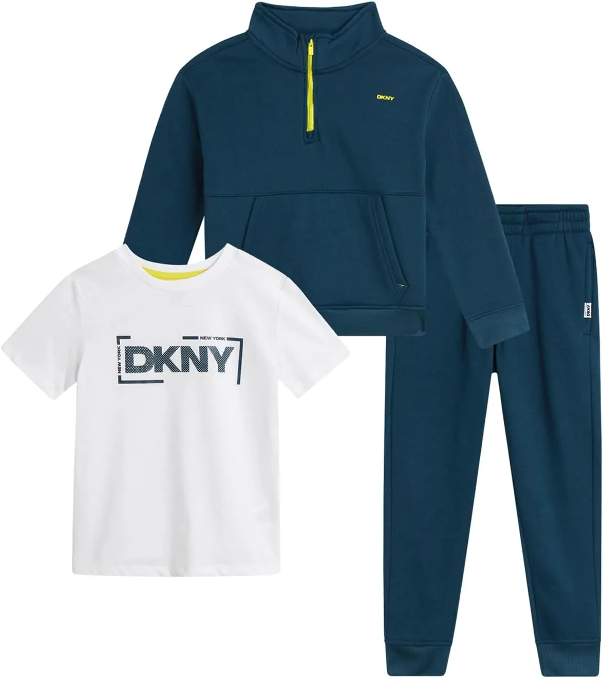 DKNY Toddler Boys' Sweatsuit Set - 3 Piece Short Sleeve Graphic Tee, Quarter-Zip Sweatshirt, and Jogger Sweatpants (2T-7)