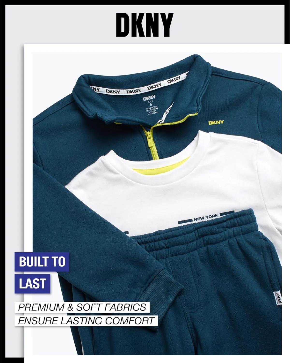 DKNY Toddler Boys' Sweatsuit Set - 3 Piece Short Sleeve Graphic Tee, Quarter-Zip Sweatshirt, and Jogger Sweatpants (2T-7)