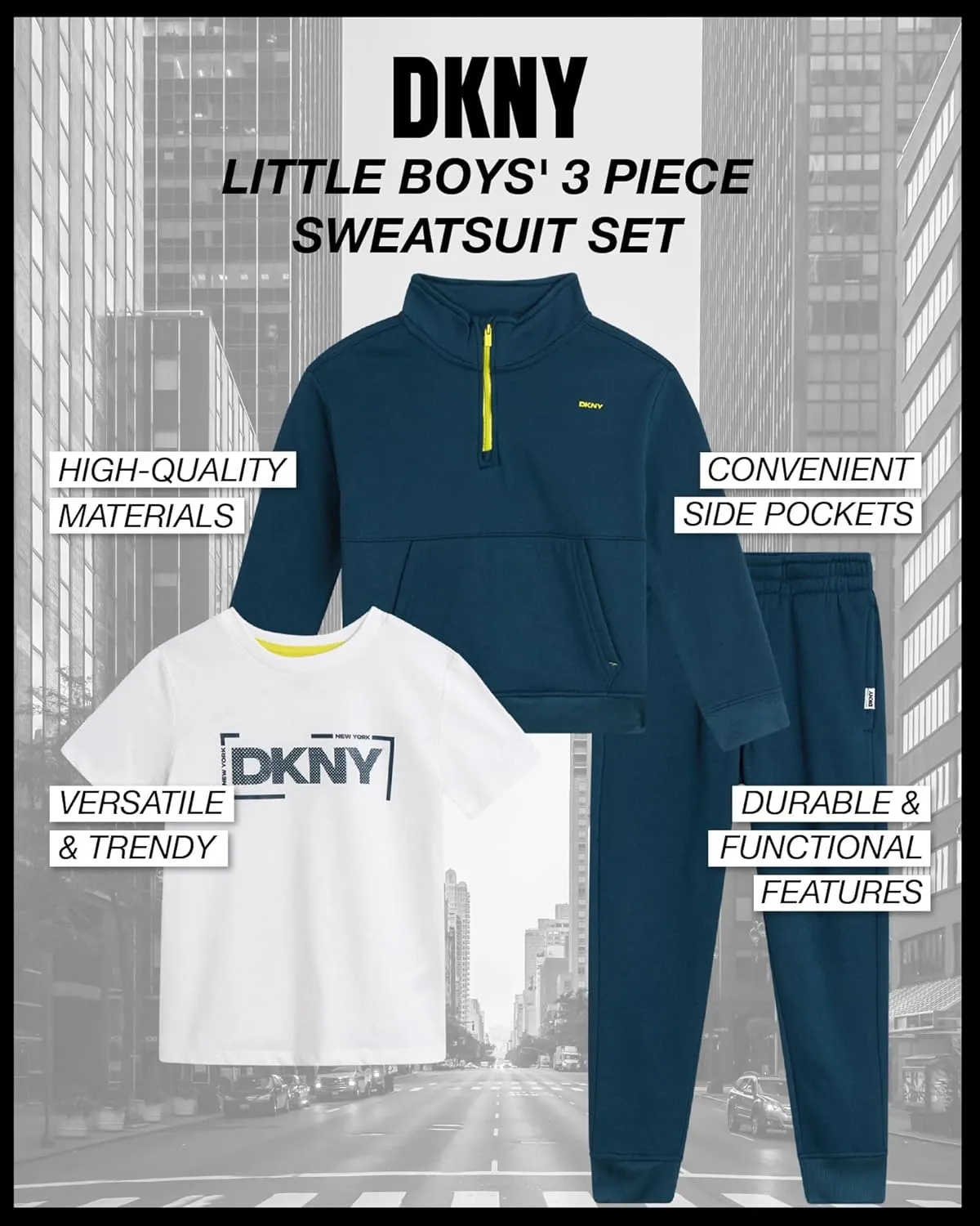 DKNY Toddler Boys' Sweatsuit Set - 3 Piece Short Sleeve Graphic Tee, Quarter-Zip Sweatshirt, and Jogger Sweatpants (2T-7)