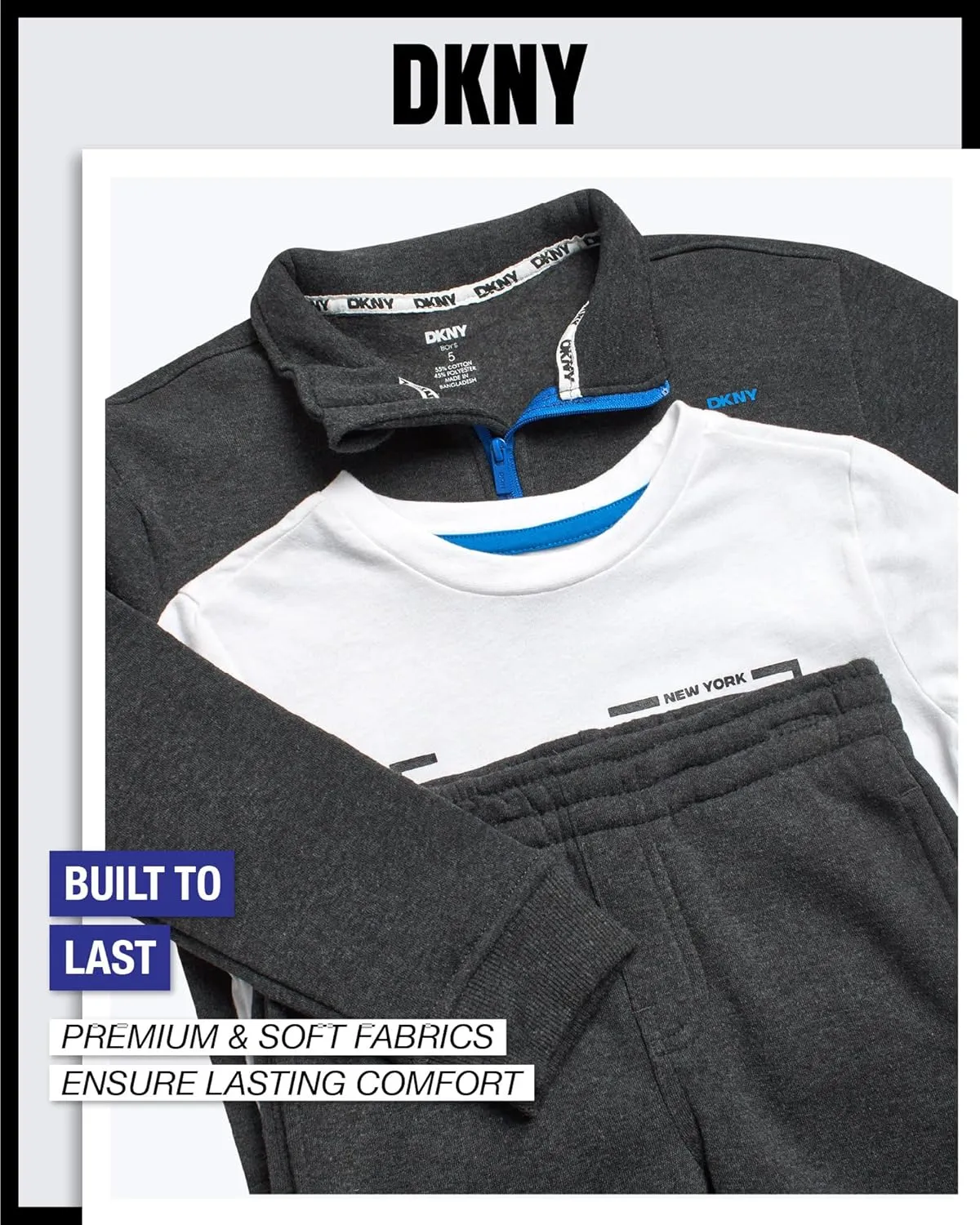 DKNY Toddler Boys' Sweatsuit Set - 3 Piece Short Sleeve Graphic Tee, Quarter-Zip Sweatshirt, and Jogger Sweatpants (2T-7)