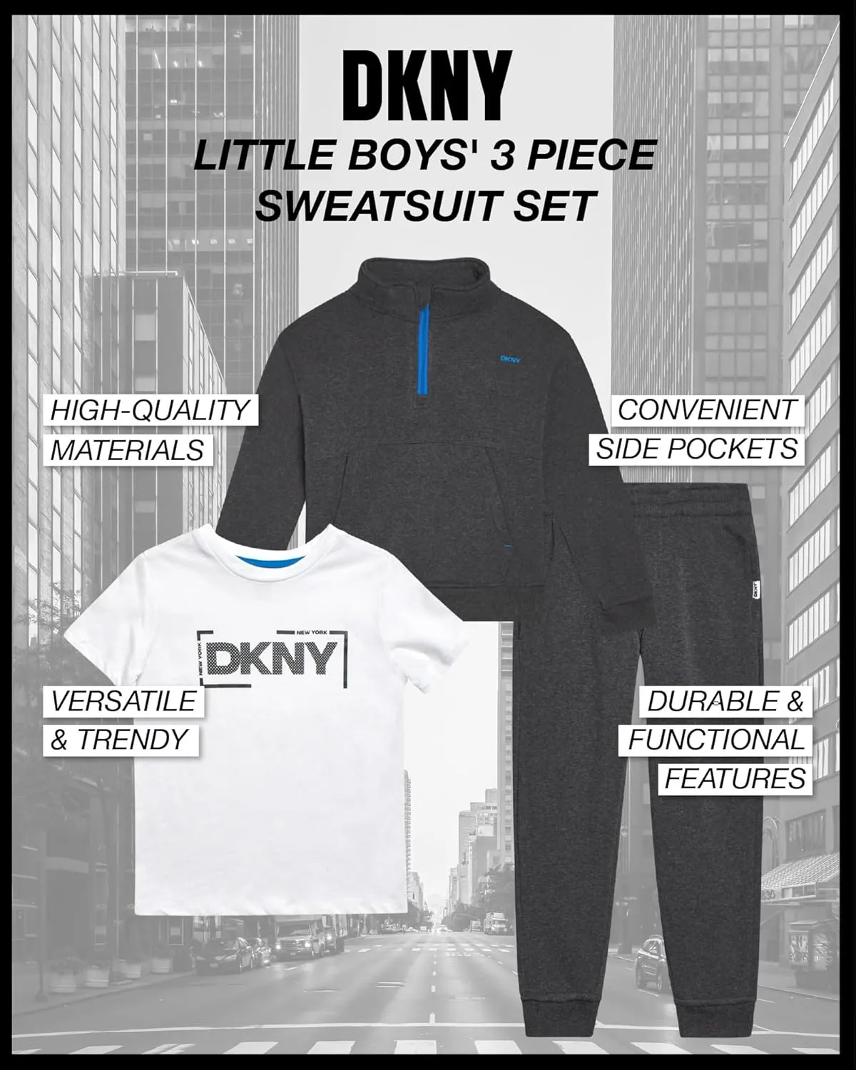 DKNY Toddler Boys' Sweatsuit Set - 3 Piece Short Sleeve Graphic Tee, Quarter-Zip Sweatshirt, and Jogger Sweatpants (2T-7)