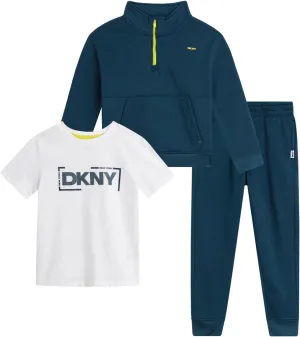 DKNY Toddler Boys' Sweatsuit Set - 3 Piece Short Sleeve Graphic Tee, Quarter-Zip Sweatshirt, and Jogger Sweatpants (2T-7)