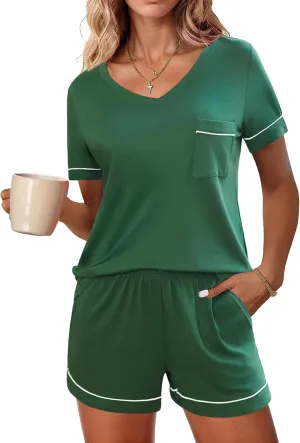 Ekouaer Pajamas Set for Women 2 Piece Short Sleeve Sleepwear Soft V Neck Tops and Shorts Pjs Lounge Set with Pocket S-XXL