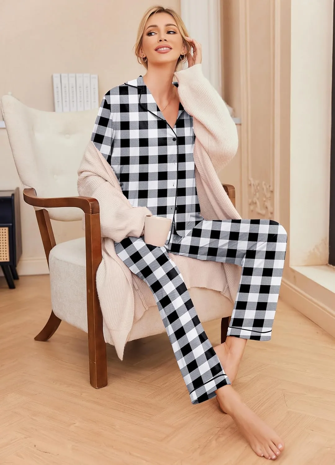 Ekouaer Pajamas Women's Long Sleeve Sleepwear Soft Button Down Loungewear Pjs Lounge Set Nightwear XS-XXL