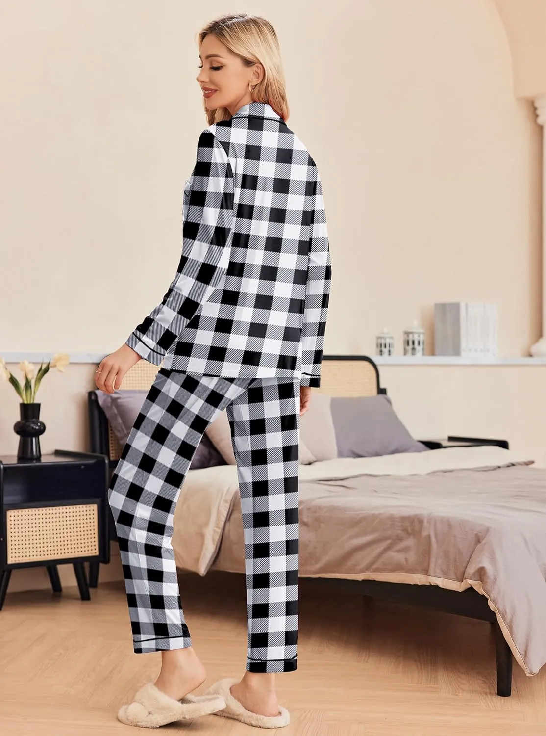 Ekouaer Pajamas Women's Long Sleeve Sleepwear Soft Button Down Loungewear Pjs Lounge Set Nightwear XS-XXL