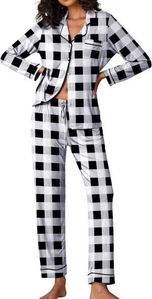 Ekouaer Pajamas Women's Long Sleeve Sleepwear Soft Button Down Loungewear Pjs Lounge Set Nightwear XS-XXL