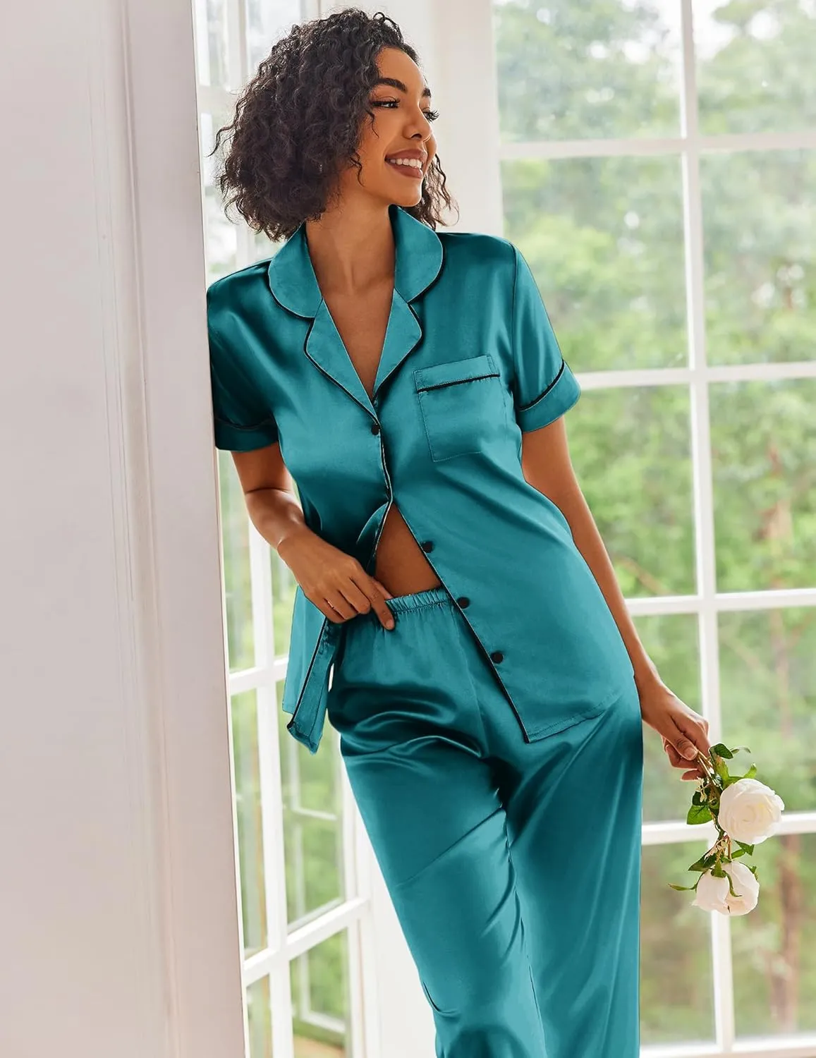 Ekouaer Silk Satin Pajamas Set Women Short Sleeve Sleepwear Soft Button Down Loungewear Pjs Set