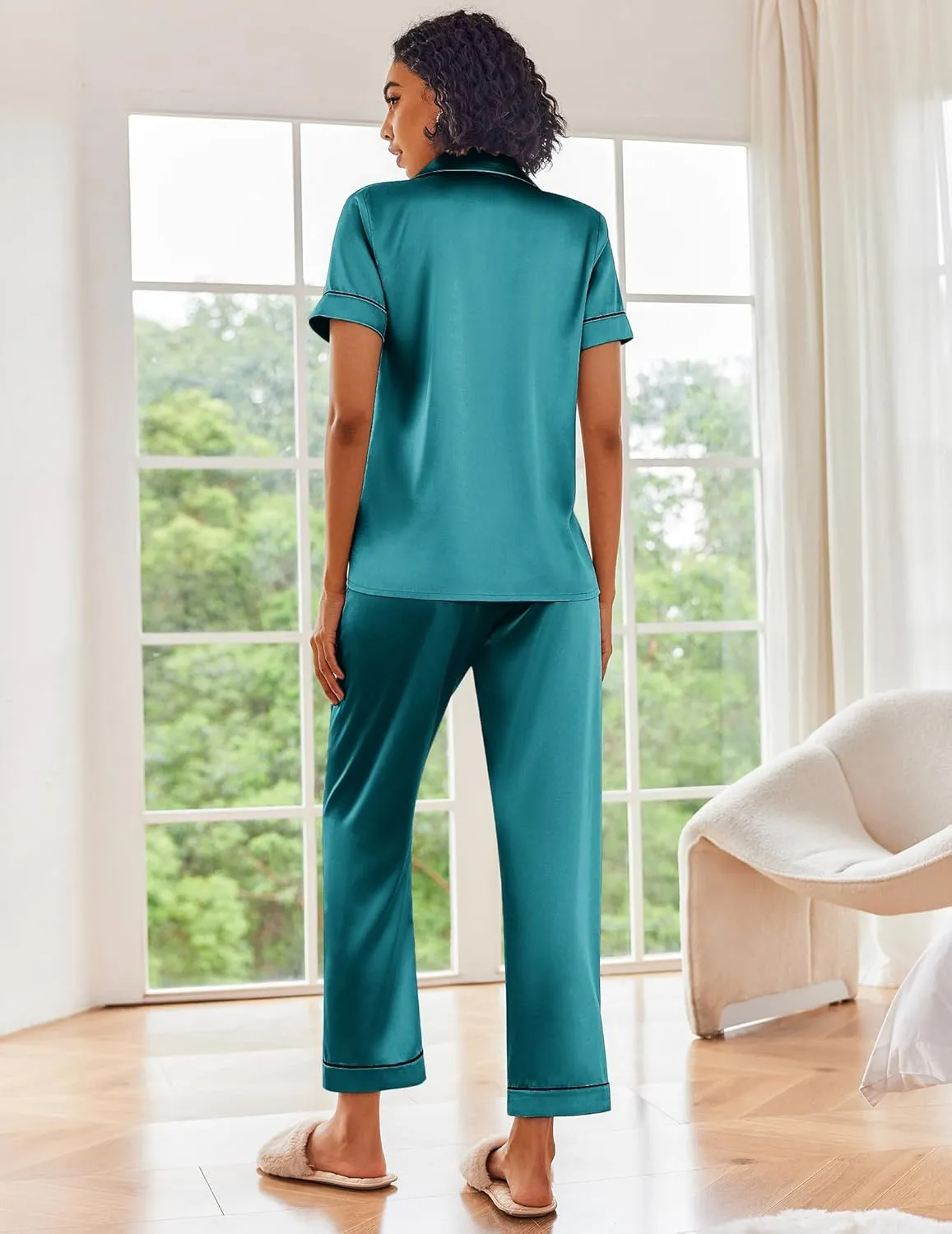 Ekouaer Silk Satin Pajamas Set Women Short Sleeve Sleepwear Soft Button Down Loungewear Pjs Set