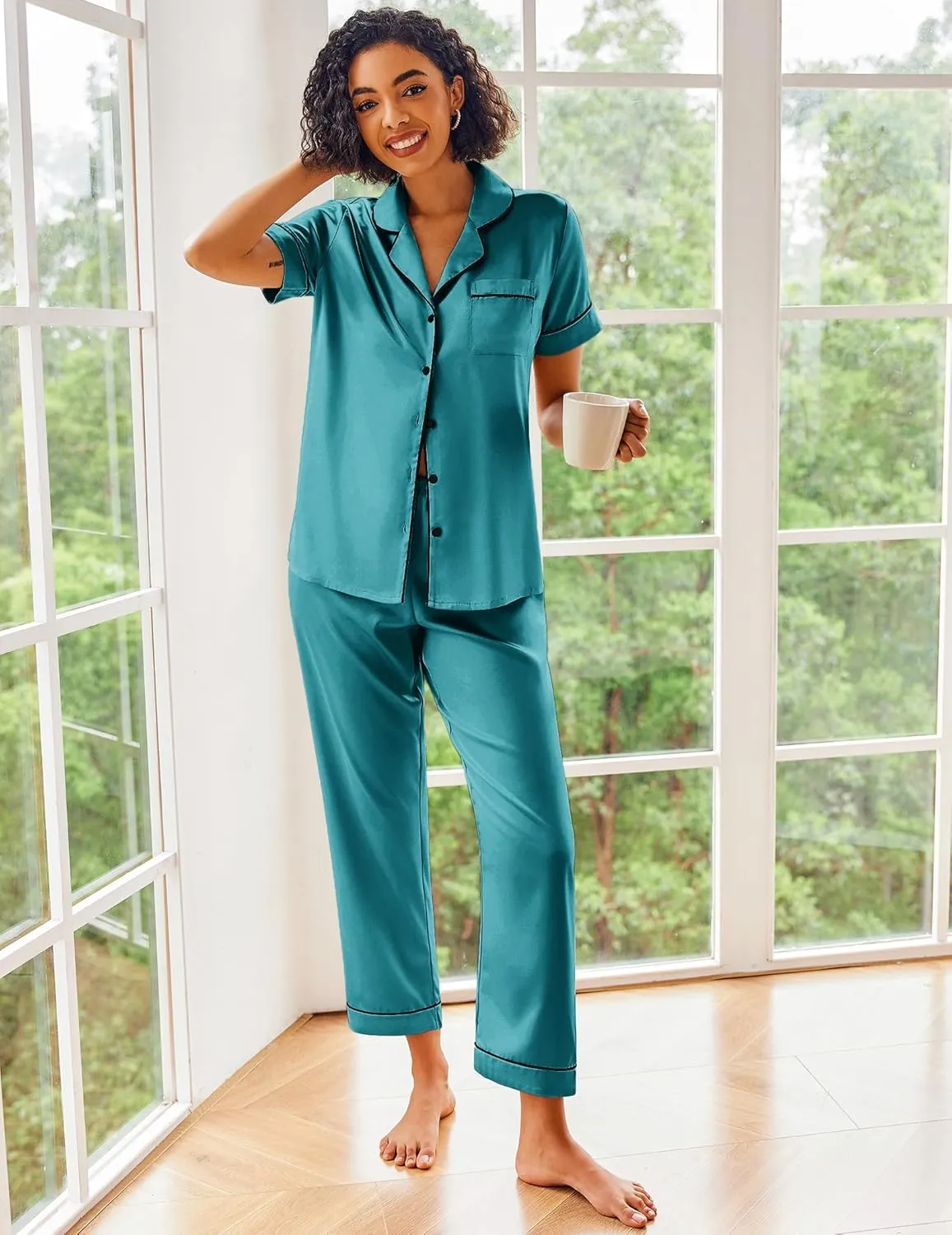 Ekouaer Silk Satin Pajamas Set Women Short Sleeve Sleepwear Soft Button Down Loungewear Pjs Set