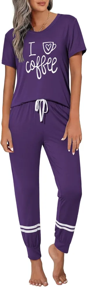 Ekouaer Womens Pajamas Set Short Sleeve Sleepwear Tops with Long Pants Pjs Set Print Nightwear