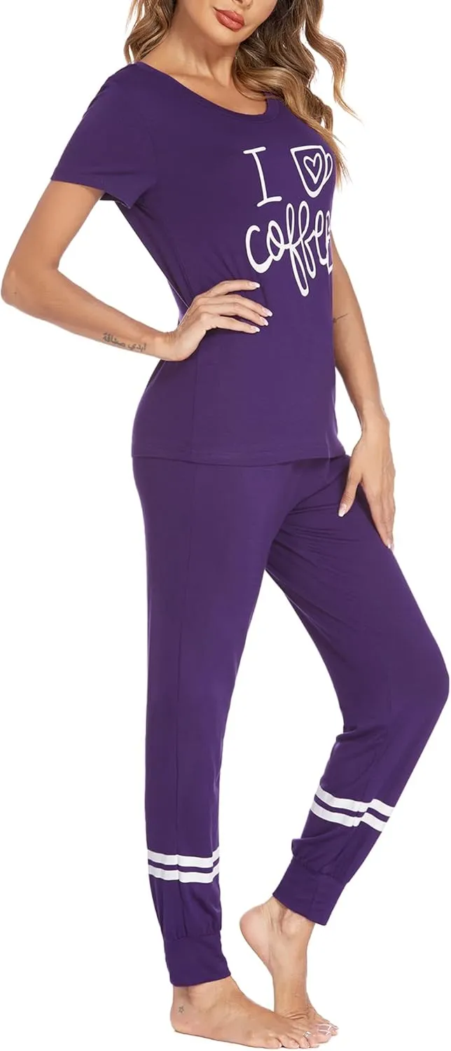 Ekouaer Womens Pajamas Set Short Sleeve Sleepwear Tops with Long Pants Pjs Set Print Nightwear