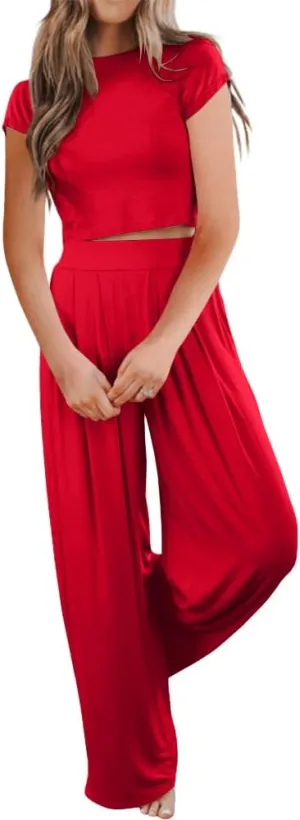 Ezbelle Women's Two Piece Outfit Short Sleeve Crewneck Crop Tops And Pockets Wide Leg Long Pants Tracksuit Sweatsuits