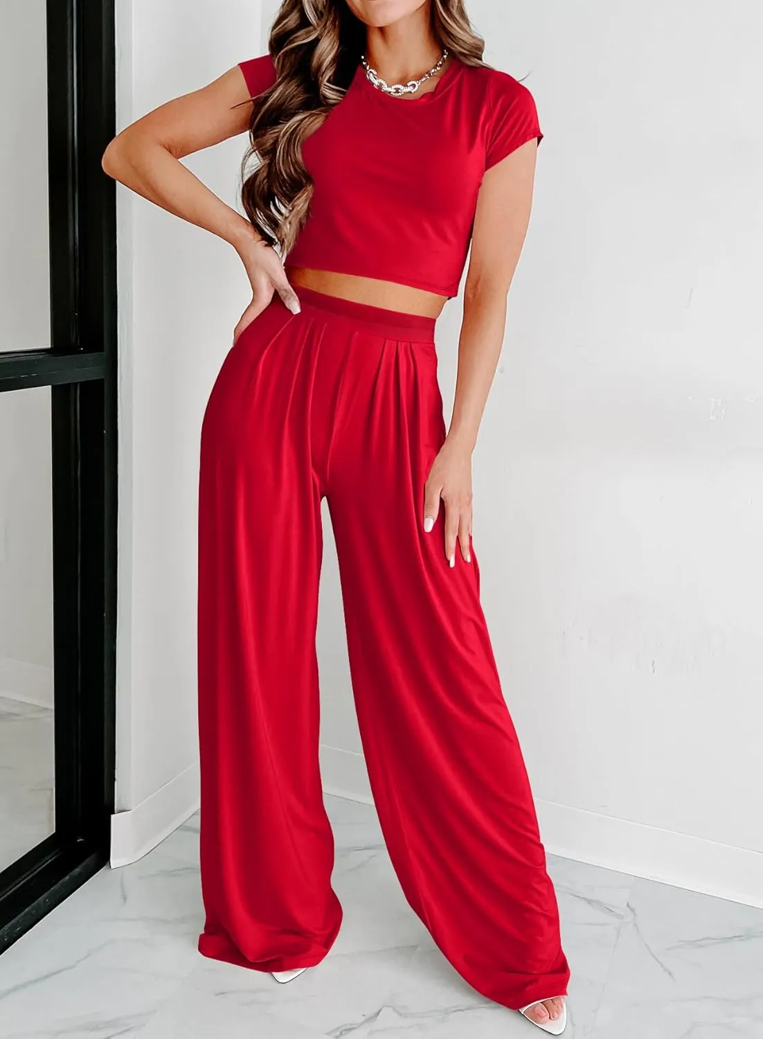 Ezbelle Women's Two Piece Outfit Short Sleeve Crewneck Crop Tops And Pockets Wide Leg Long Pants Tracksuit Sweatsuits
