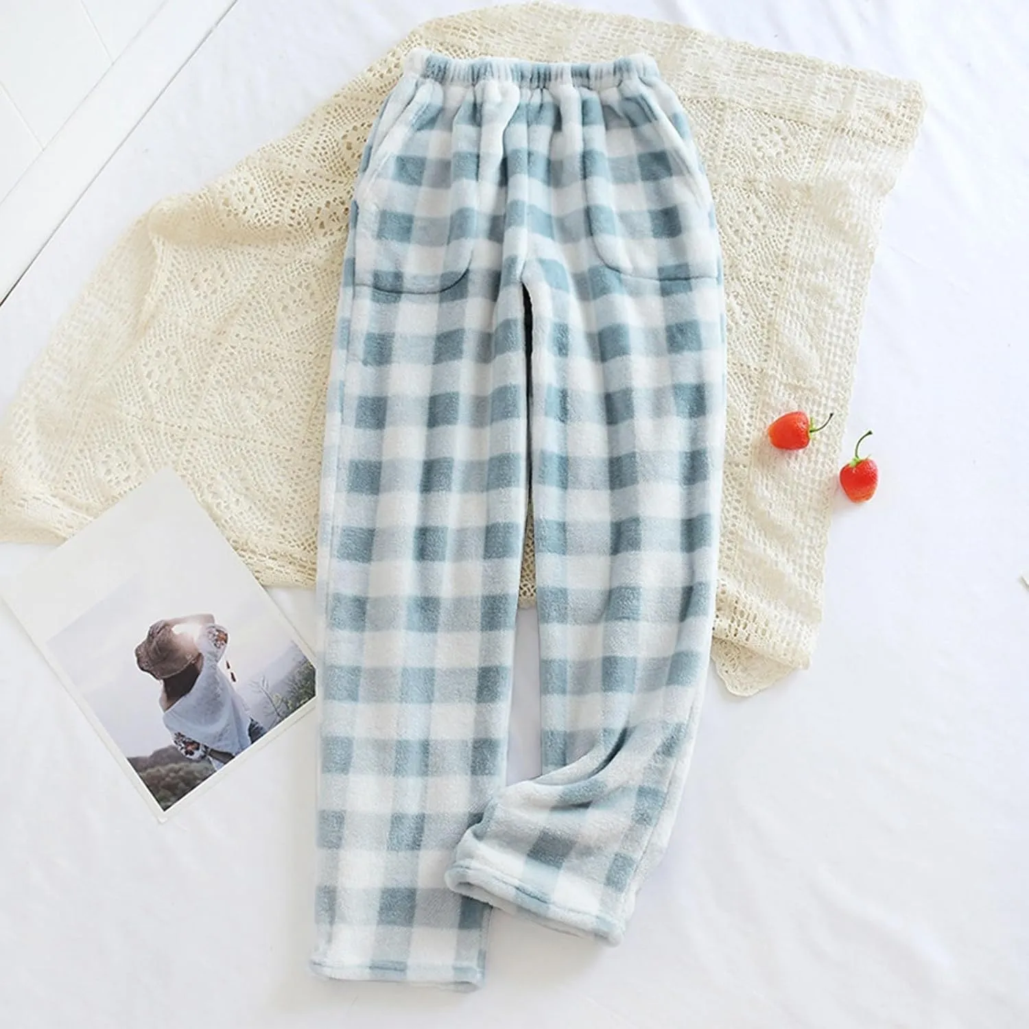 Flannel Pajamas Women Plush Pajama Pants Buffalo Plaid Comfy Soft Pajamas Pants Lounge Stretch Wide Leg Bottoms