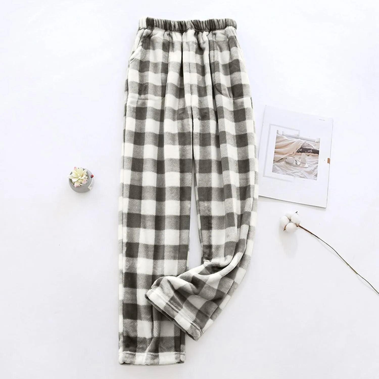Flannel Pajamas Women Plush Pajama Pants Buffalo Plaid Comfy Soft Pajamas Pants Lounge Stretch Wide Leg Bottoms