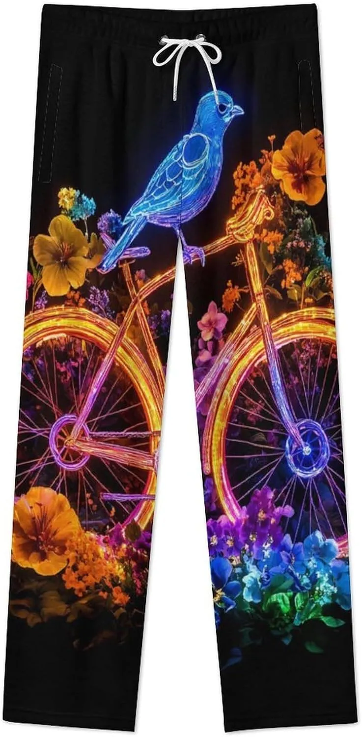 Flower Bike Blue Bird Women's Pajama Pants Fleece Warm Pj Bottoms Sleepwear Lounge Pants Loungewear
