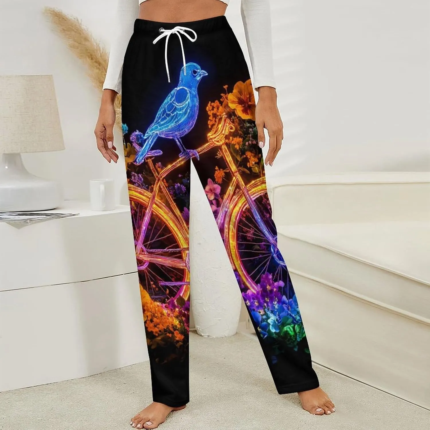 Flower Bike Blue Bird Women's Pajama Pants Fleece Warm Pj Bottoms Sleepwear Lounge Pants Loungewear