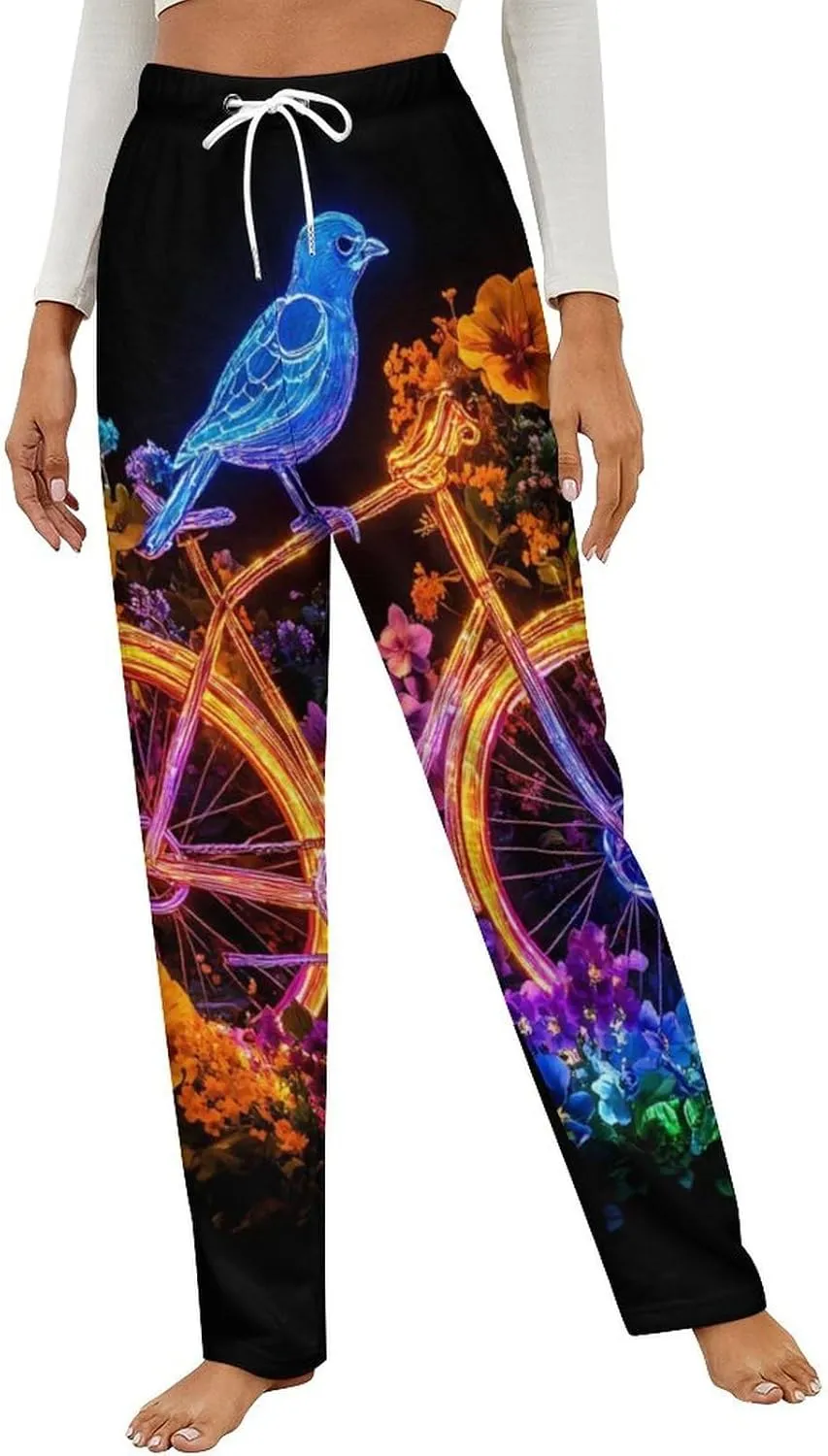 Flower Bike Blue Bird Women's Pajama Pants Fleece Warm Pj Bottoms Sleepwear Lounge Pants Loungewear