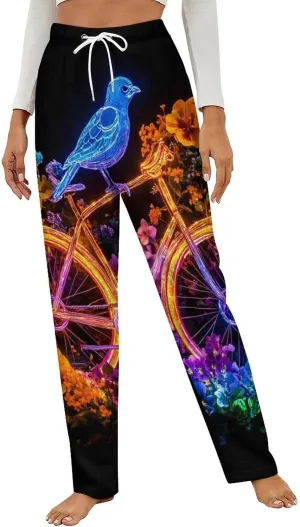 Flower Bike Blue Bird Women's Pajama Pants Fleece Warm Pj Bottoms Sleepwear Lounge Pants Loungewear