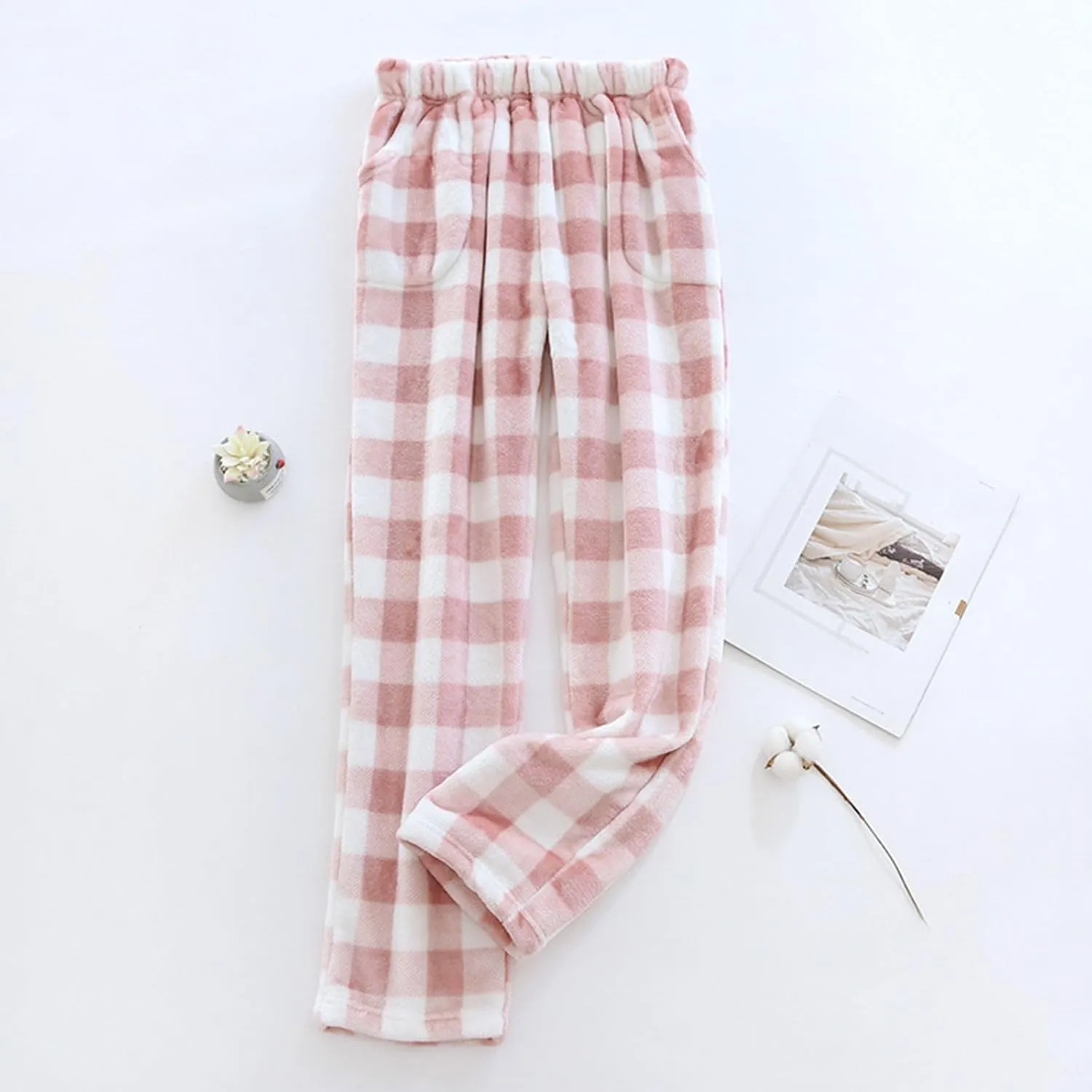 Fluffy Flannel Pajama Pants Women, Fuzzy Fleece Cozy Lounge Pants, Loose Soft Plaid Pants Elastic Waist Sleep Pants