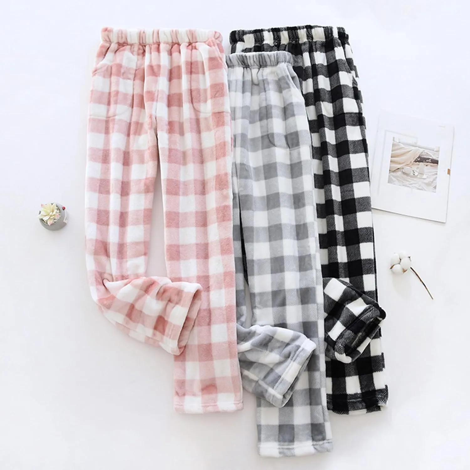 Fluffy Flannel Pajama Pants Women, Fuzzy Fleece Cozy Lounge Pants, Loose Soft Plaid Pants Elastic Waist Sleep Pants