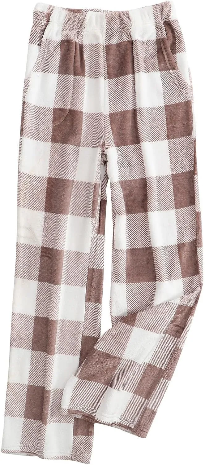 Fluffy Flannel Pajama Pants Women, Fuzzy Fleece Cozy Lounge Pants, Loose Soft Plaid Pants Elastic Waist Sleep Pants