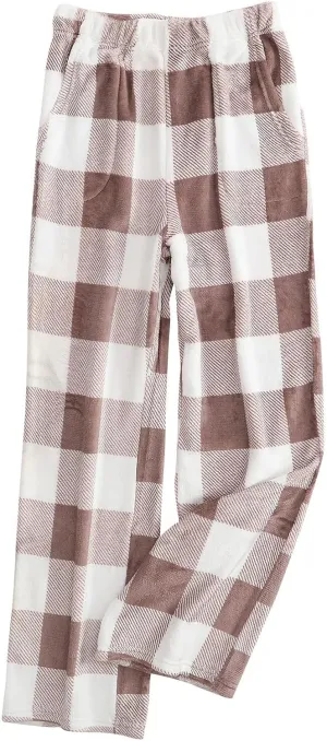 Fluffy Flannel Pajama Pants Women, Fuzzy Fleece Cozy Lounge Pants, Loose Soft Plaid Pants Elastic Waist Sleep Pants