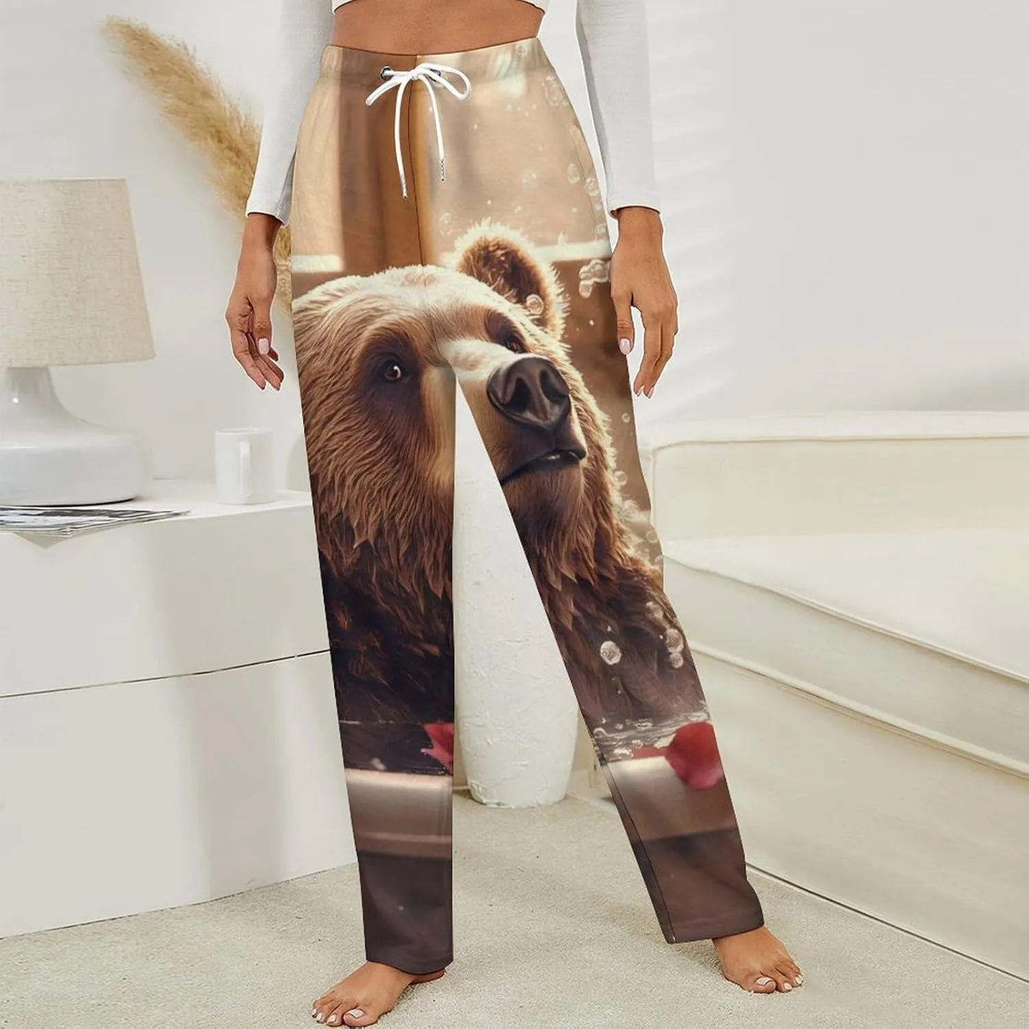Funny Bear Bathtub Women's Pajama Pants Fleece Warm Pj Bottoms Sleepwear Lounge Pants Loungewear