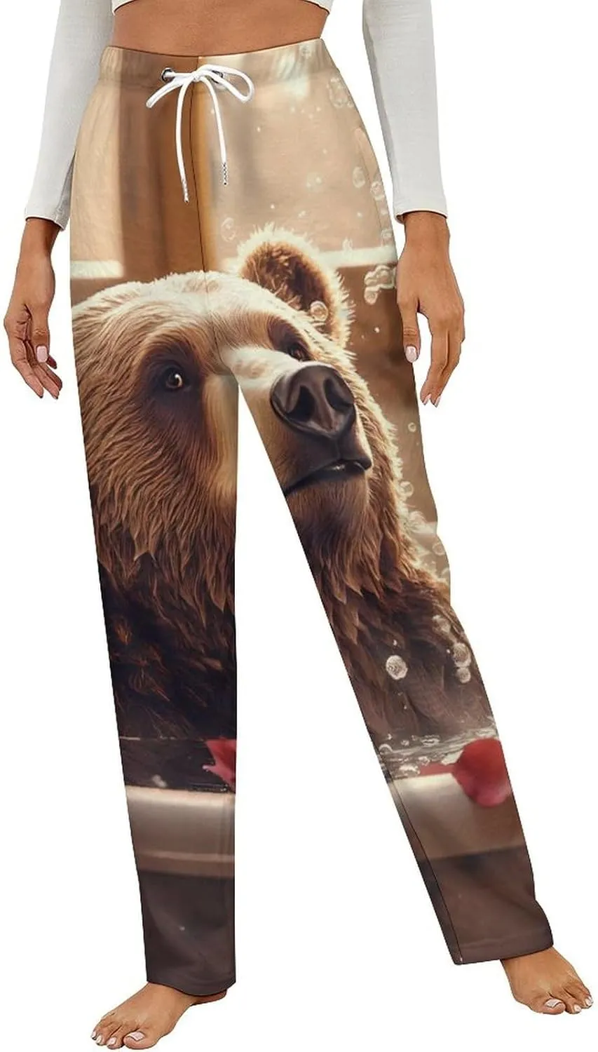 Funny Bear Bathtub Women's Pajama Pants Fleece Warm Pj Bottoms Sleepwear Lounge Pants Loungewear