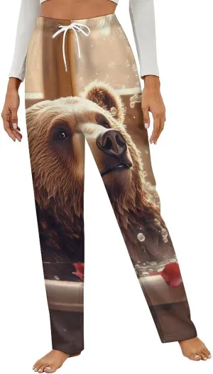 Funny Bear Bathtub Women's Pajama Pants Fleece Warm Pj Bottoms Sleepwear Lounge Pants Loungewear