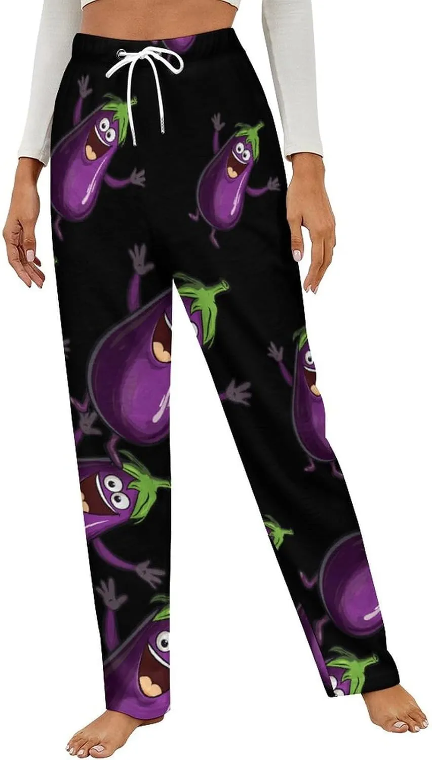 Funny Eggplant Women's Pajama Pants Fleece Warm Pj Bottoms Sleepwear Lounge Pants Loungewear