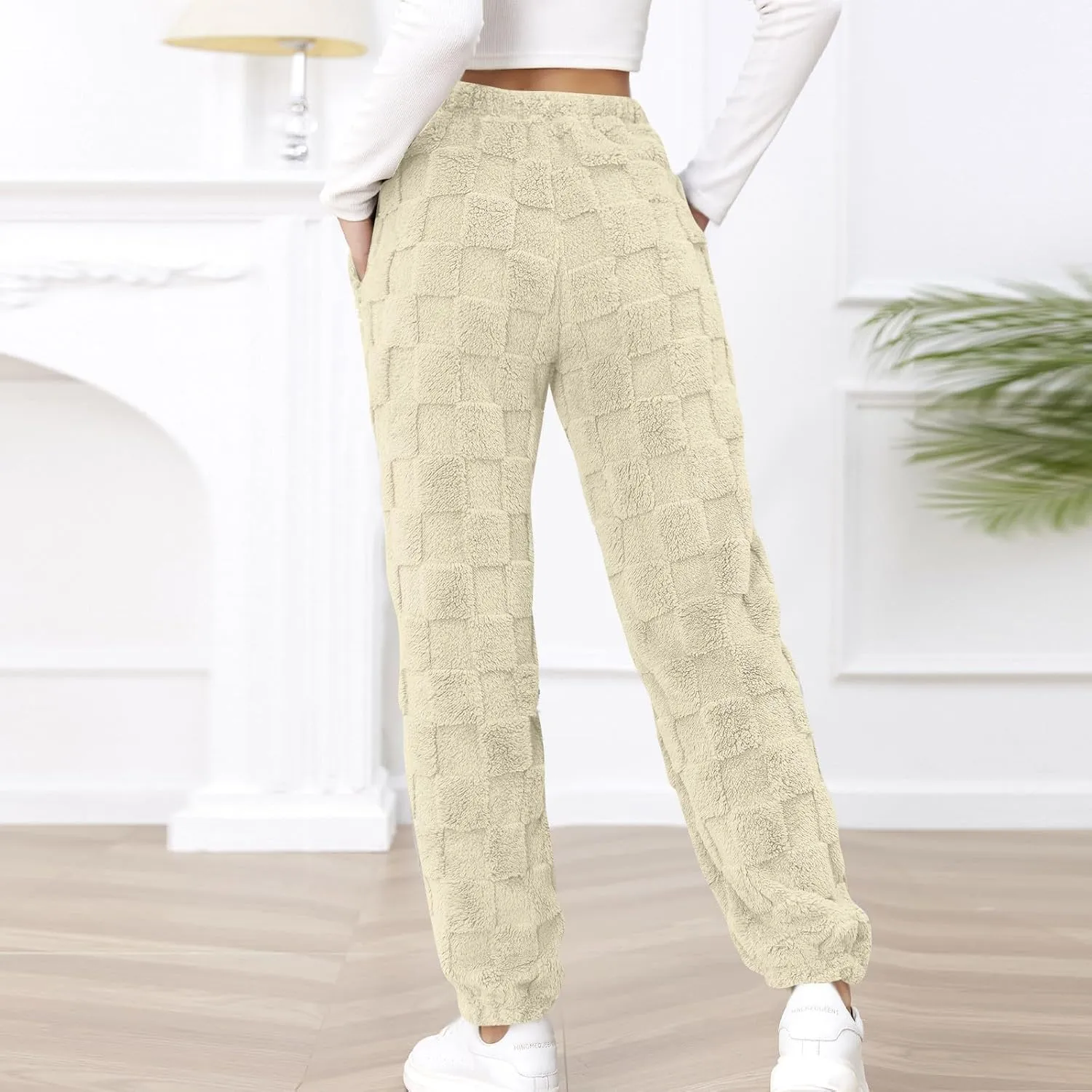 Fuzzy Fluffy Thermal Fleece Pants for Women Lounge Sleepwear Plaid Pajama Pants with Pocket Casual Soft Pants