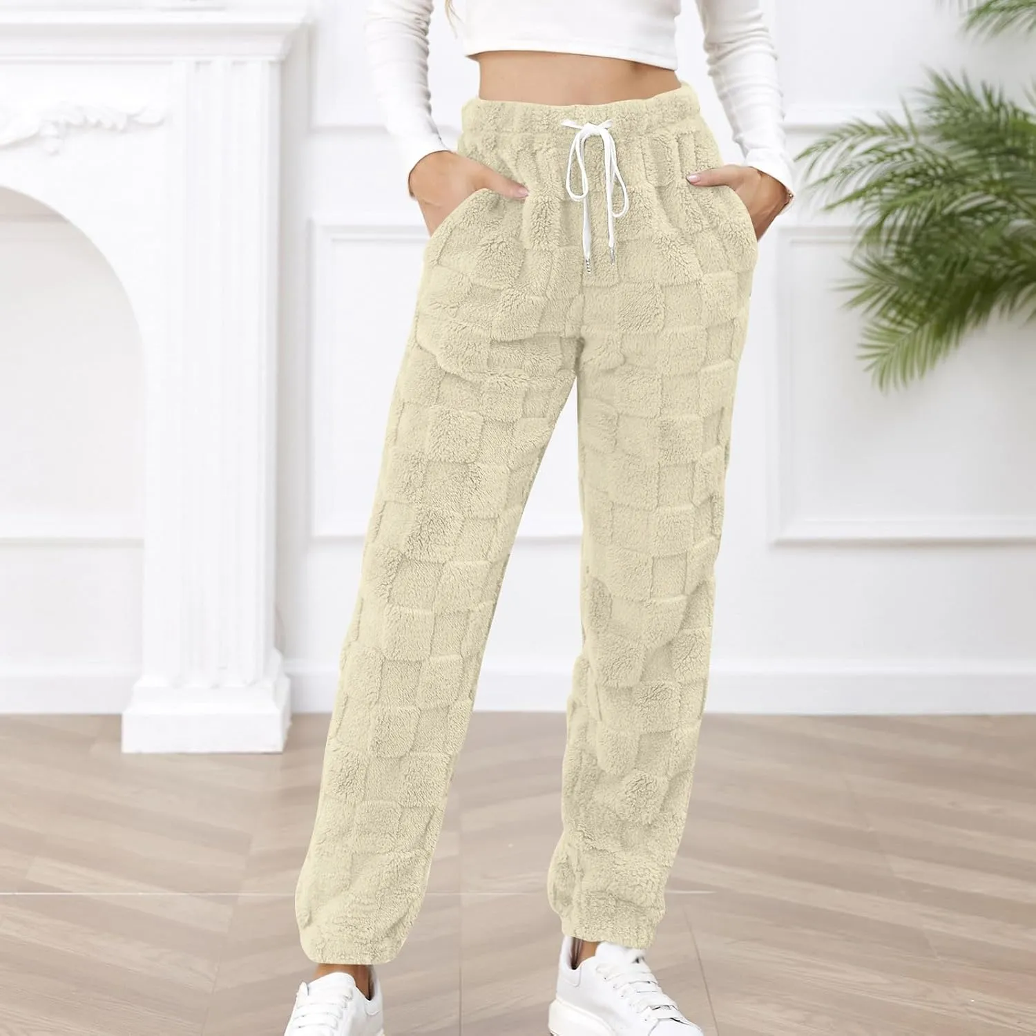 Fuzzy Fluffy Thermal Fleece Pants for Women Lounge Sleepwear Plaid Pajama Pants with Pocket Casual Soft Pants