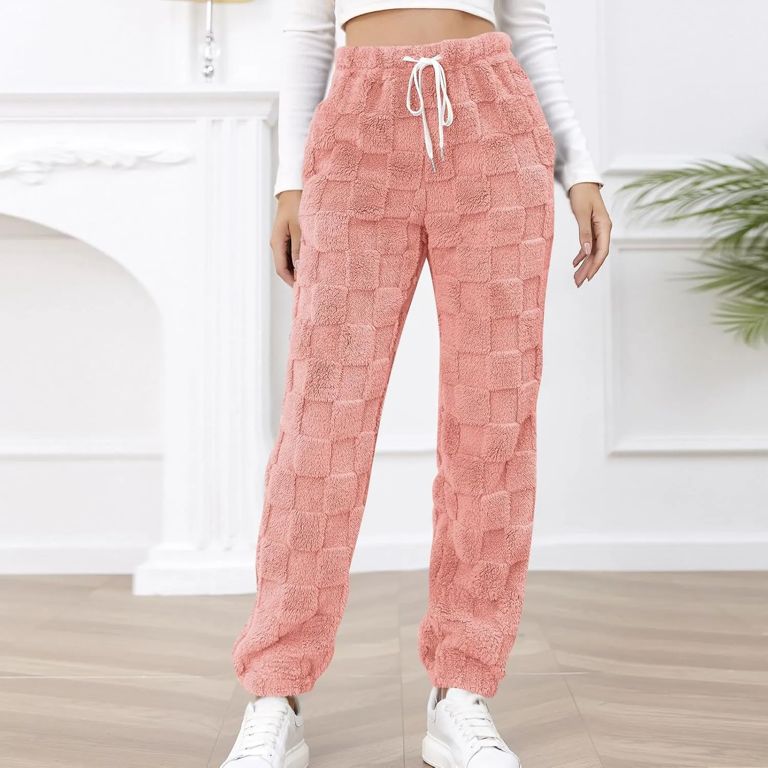 Fuzzy Fluffy Thermal Fleece Pants for Women Lounge Sleepwear Plaid Pajama Pants with Pocket Casual Soft Pants