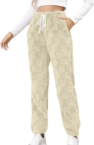 Fuzzy Fluffy Thermal Fleece Pants for Women Lounge Sleepwear Plaid Pajama Pants with Pocket Casual Soft Pants