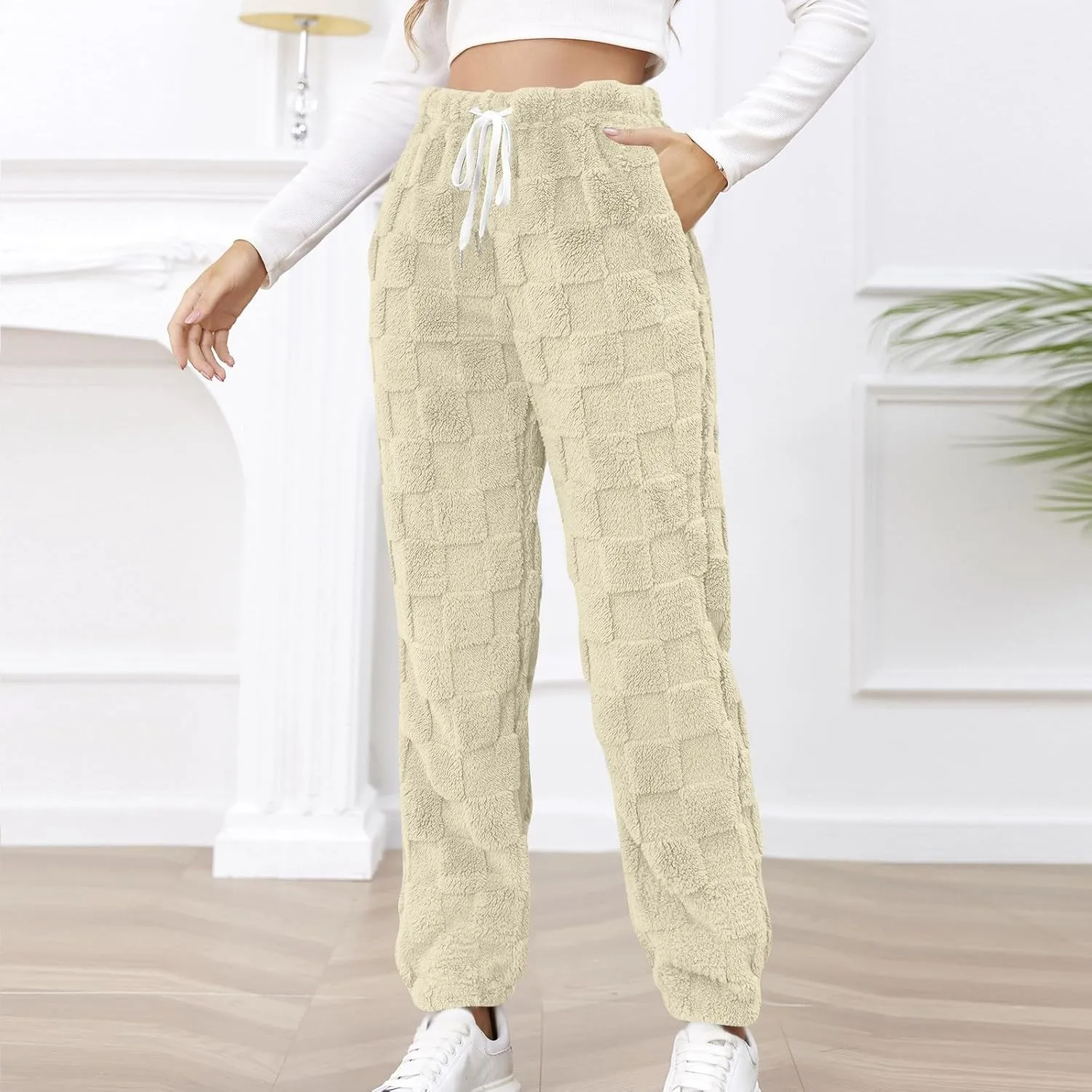 Fuzzy Fluffy Thermal Fleece Pants for Women Lounge Sleepwear Plaid Pajama Pants with Pocket Casual Soft Pants