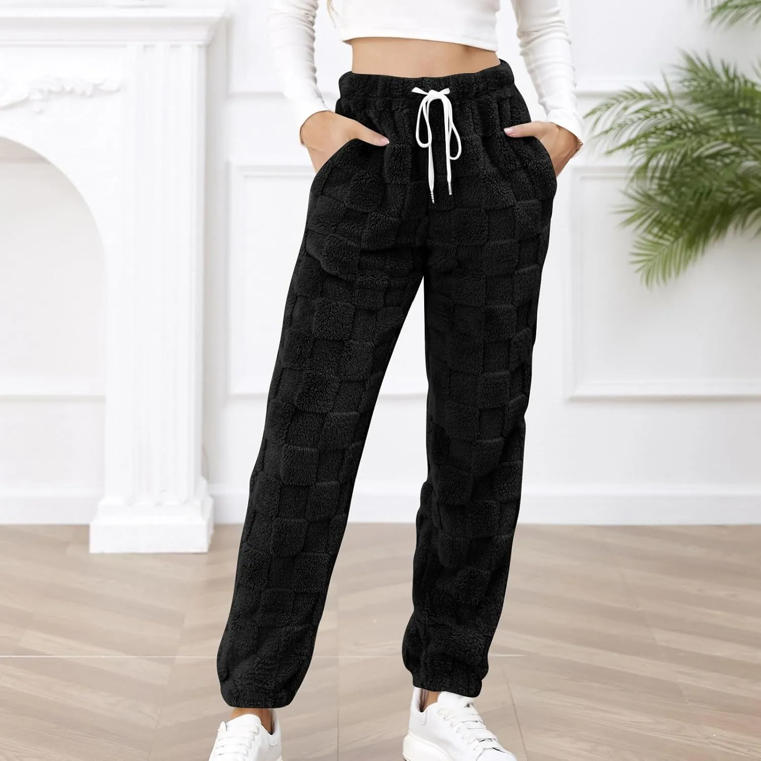 Fuzzy Fluffy Thermal Fleece Pants for Women Lounge Sleepwear Plaid Pajama Pants with Pocket Casual Soft Pants