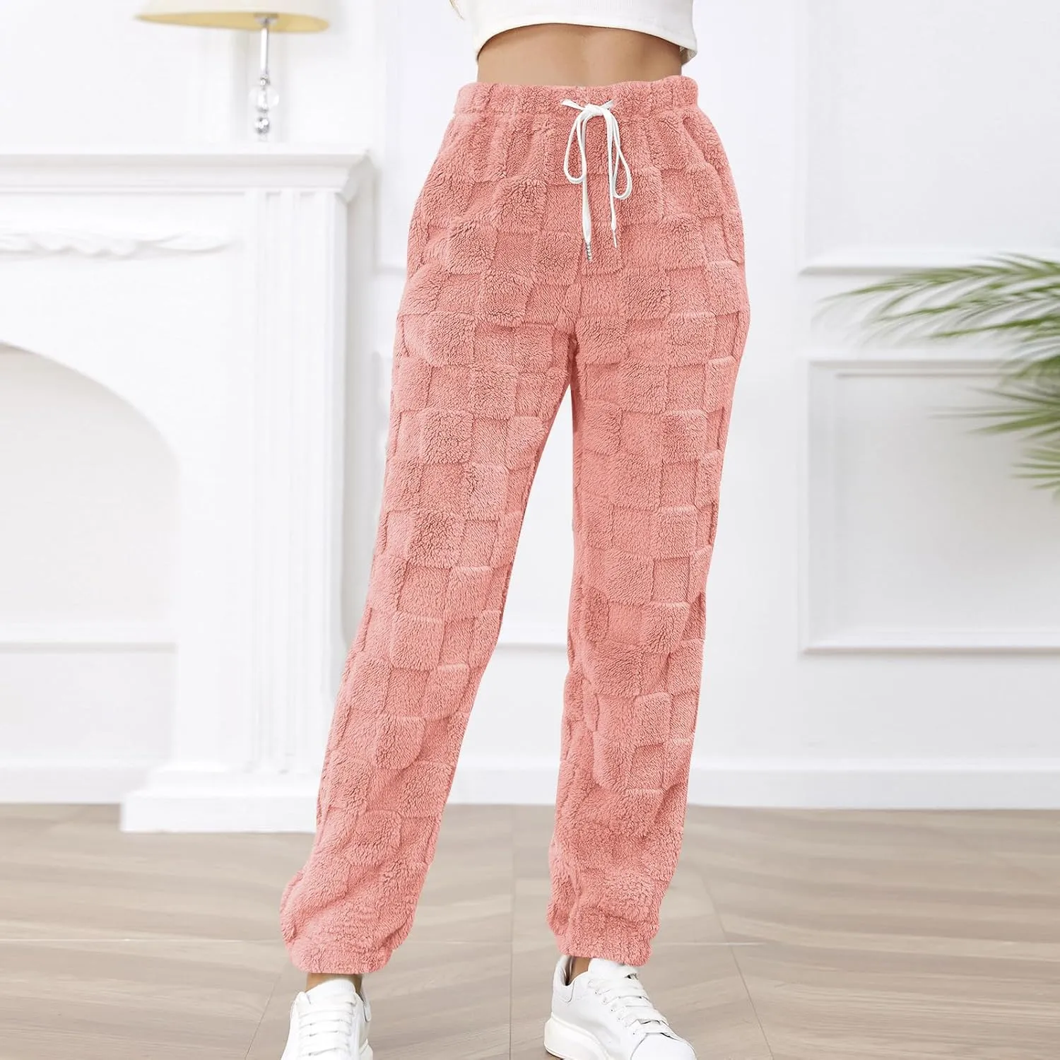 Fuzzy Fluffy Thermal Fleece Pants for Women Lounge Sleepwear Plaid Pajama Pants with Pocket Casual Soft Pants
